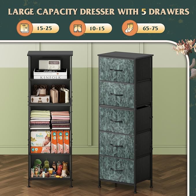 WLIVE Fabric Dresser, 5-Drawer Tall Dressers for Bedroom, Storage Dresser Organizer with Fabric Bins, Wood Top, Sturdy Steel Frame, Chest of Drawers for Closet, Hallway, Vintage Green