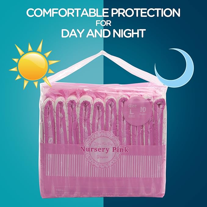 Littleforbig Adult Printed Diaper 10 Pieces - Nursery Pink (Large 36"-46")