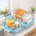 SNTD Dish Drying Rack, Expandable Dish Rack for Kitchen Counter, Stainless Steel Dish Drainer with Drainboard Set and Utensil Holder (Blue)