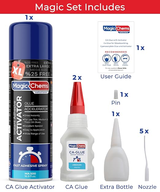 Magic Chems CA Glue with Activator (2 x 3.5 oz + 16.9 fl oz), Cyanoacrylate Glue and Activator, Super Glue withActivator, CAGlue and Accelerator (1 Pack)