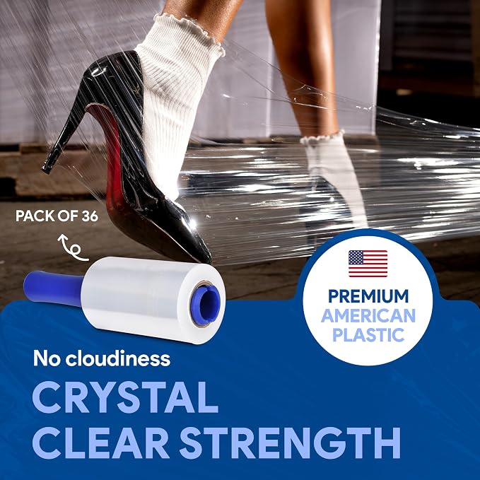 International Plastics Co. 5" Plastic Stretch Film Wrap with Rotating Handle 1000 feet 500% Stretch Ability (36 Pack, 5" Spinning Handles)