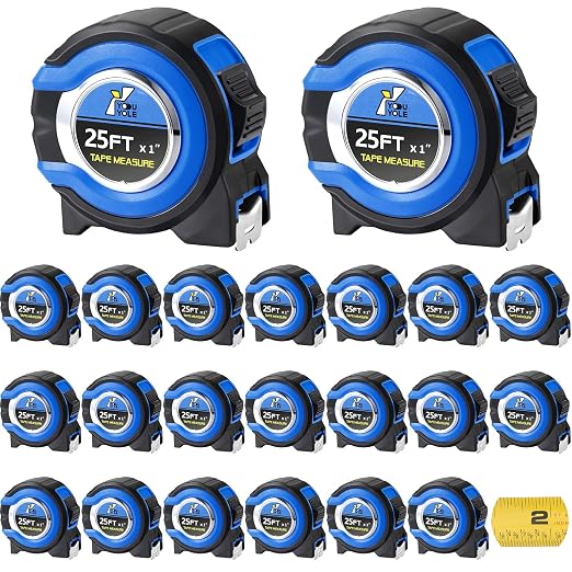 Youyole 20 Pack Tape Measure with Fractions 1/8 Steel Measuring Tape Retractable Easy Read Measurement Ruler Steel Power Blade (25 ft X 1 in,Blue)
