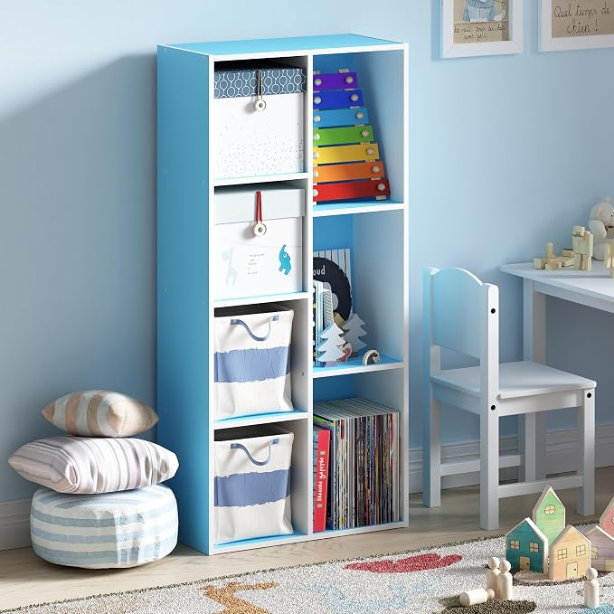 Furinno LUDER Book Shelf, 7-Cube Bookshelf, Bookcase with Open Shelves, 9.4 x 19.5 x 41.7, Easy Assembly, for Living Room, Bedroom, Home Office, White/Light Blue