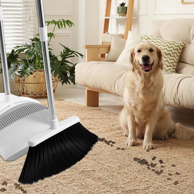 BSKLIN Broom and Dustpan Set for Home, 52" Long Handle Standing Broom Set with Dustpan Self-Cleaning Teeth for Hair Removal Heavy Duty Indoor Outdoor Sweeping Kit for Kitchen Garage (White)