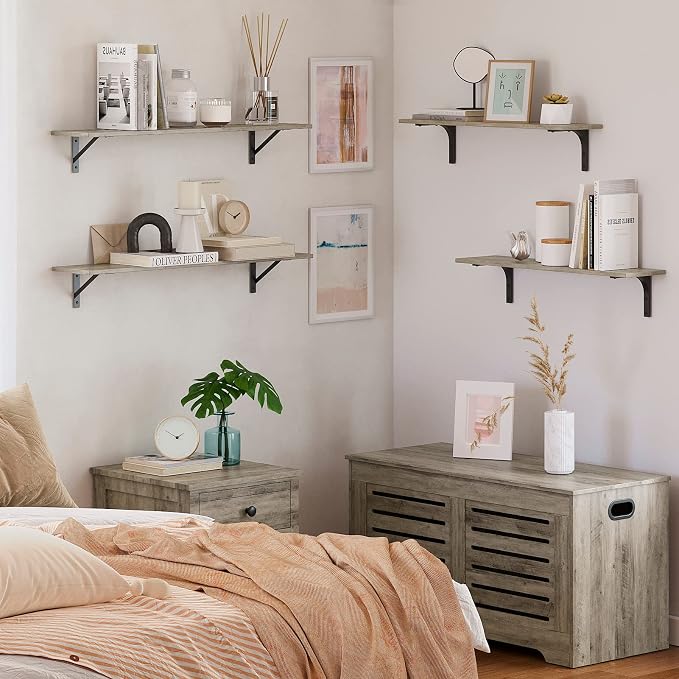 DINZI LVJ Long Shelf, 31.5 Inch Large Wall Mounted Shelves Set of 2, Easy-to-Install, Display Ledges with Sturdy Metal Brackets for Living Room, Bathroom, Bedroom, Kitchen, Laundry Room, Gray Wash