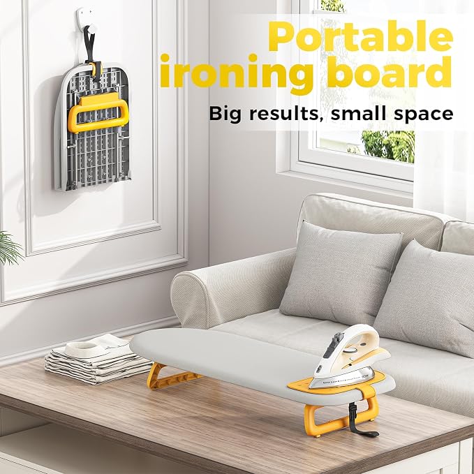 KINGBOARD Tabletop Ironing Board, Small Ironing Board with Iron Mat, Foldable Mini Iron Board, Easy Storage for Travel & Dorm, 12x32 Grey & Orange