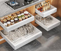Seinloes 4Pack Expandable Pull Out Cabinet Organizer 21"Deep with Raising Pad for Framed Cabinets,Slide Out Drawers with 4pcs Divider Racks,Roll Out Shelves Adhesive,Adjustable Width 12.05"-20.4"White