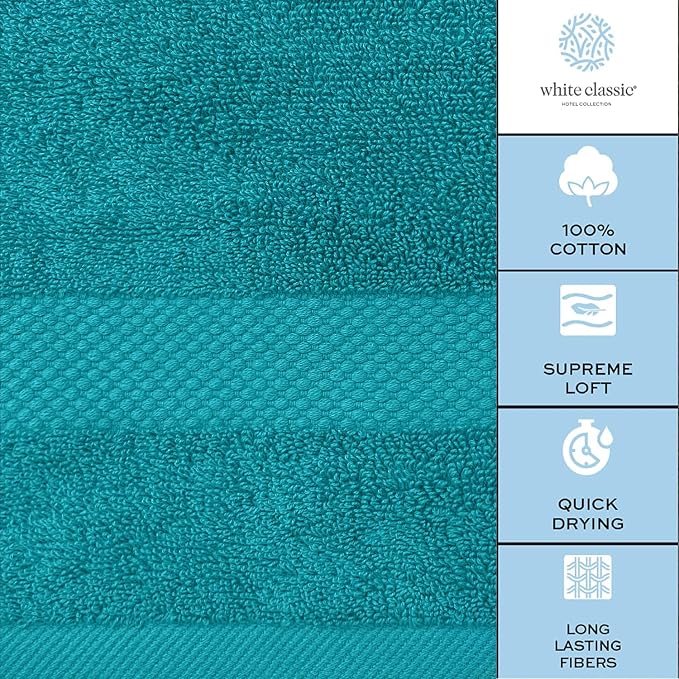White Classic Luxury Bath Towel Set of 8 Pieces - 100% Turkish Cotton Highly Absorbent Towels for Bathroom, 2 Luxury Bath Towels 700GSM, 2 Hand Towels, 4 Washcloths, Aqua