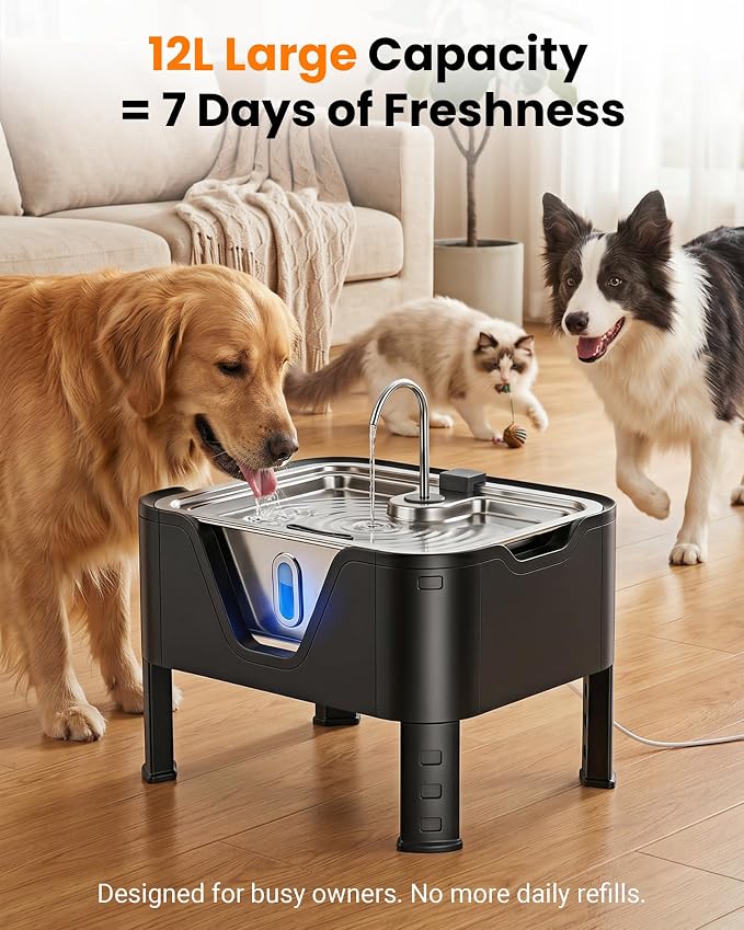 3.17Gal/ 12L Large Dog Water Fountain Elevated Dog Bowls with 3 Filters | 3-Height Adjustable Dog Water Bowl Dispenser, Quiet Stainless Steel Pet Water Fountain for Multi-Pet, Water Level Alert