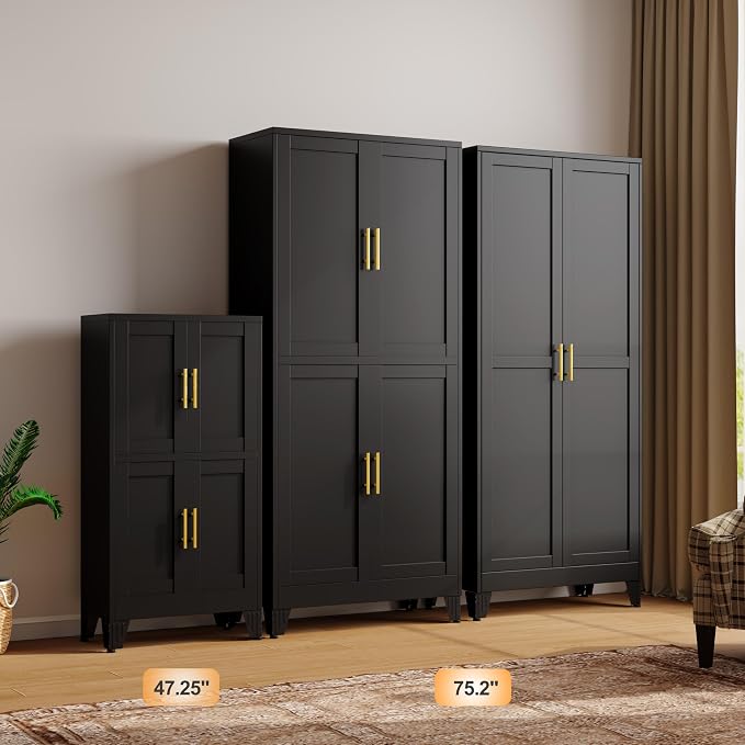 GAIOUS 47.25" Metal Storage Cabinet, Black Kitchen Food Cabinet with 4 Door | and 2 Adjustable Shelves, Freestanding Bathroom Cabinet, Pantry for Kitchen Dinning Room Bathroom, Cupboard, Food Storage