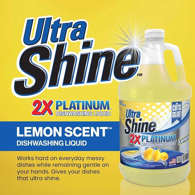 Ultra Shine™ 4 Pack 2X Platinum™ Dish Cleaning Liquid, Lemon Scent, 1 Gallon, Yellow - Powerful Grease Remover Dishwashing Soap