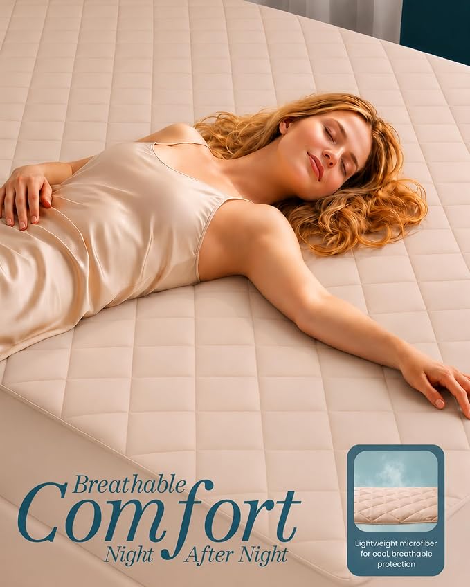 Quilted Fitted Mattress Pad, Full Mattress Protector Topper with Deep Pocket Stretches up to 16 Inches, Machine Washable Mattress Cover by Utopia Bedding (Beige)