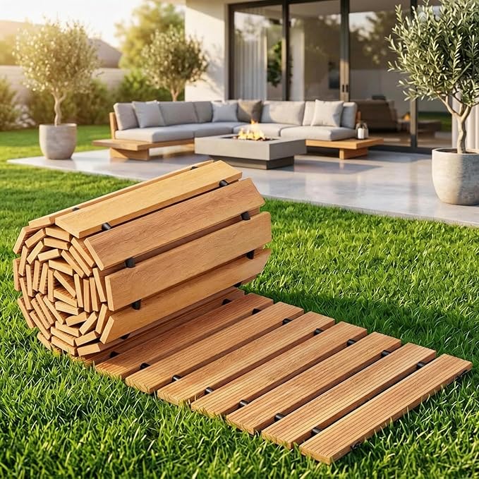 Wooden Garden Pathway Outdoor Walkway - 12 FT Roll Out Outdoor Pathway with Ground Stakes, Boardwalk Pavers for Outside Walkway, Non-Slip Garden Path for Backyard Decor, Lawn Landscaping, Natural
