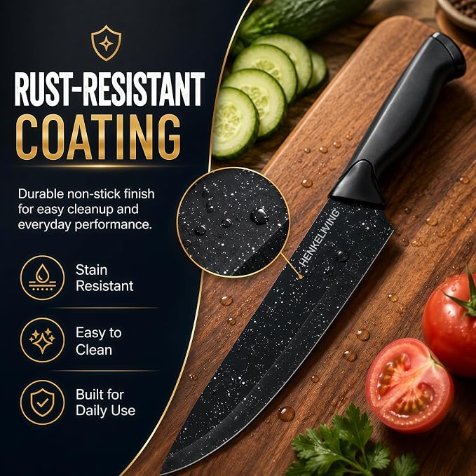 14-Piece Starry Black Knife Block Set with Built-In Sharpener | German high-carbon stainless steel blades, dishwasher safe, ultra-sharp edges, ergonomic non-slip handles