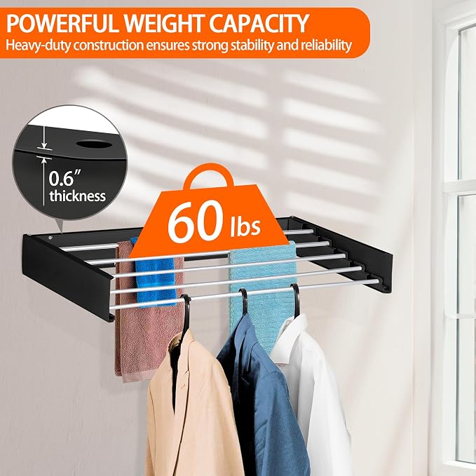 Laundry Drying Rack Wall Mounted Clothes Drying Rack Collapsible with 5 Aluminum Rods and Drilling Template Long Screwdriver Bit 60 lbs Capacity (Black, 40")