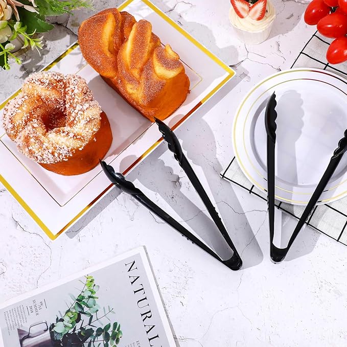 Mwellewm 24 Pc Plastic Tongs for Serving 9 Inch Bulk Reusable or Disposable Tongs Heavy Duty Hard Serving Utensils Set Large Salad Tong for Kitchen Party Food Buffet Appetizer BBQ Event Catering Black