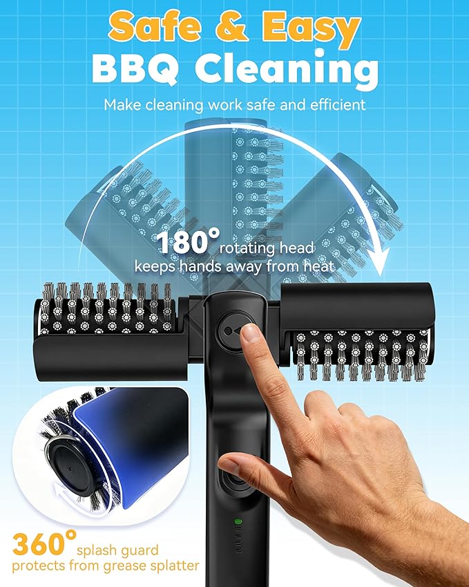 Electric Grill Brush, Cordless BBQ Grill Cleaner with 3-Speed High Torque Motor,Burnt Grease,Adjustable Angle Rotary Head,150 Min Runtime,Waterproof,Safe for Porcelain & Cast Iron (1, 2 Spare Heads)