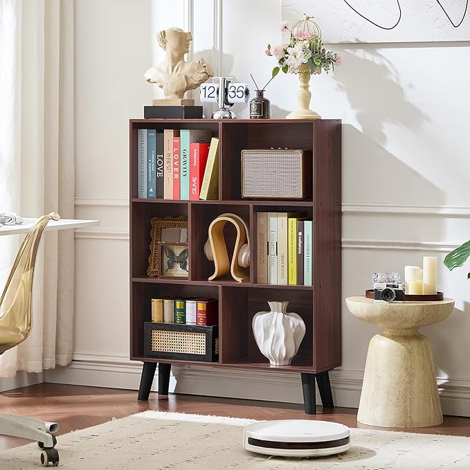 LEYAOYAO Cube Bookshelf, Mid-Century Modern Book Shelf with Legs, Walnut | 3 Tier Bookcase, Rustic Wood Bookshelves Freestanding Small Storage Organizer, Open Shelves for Bedroom, Living Room, Office