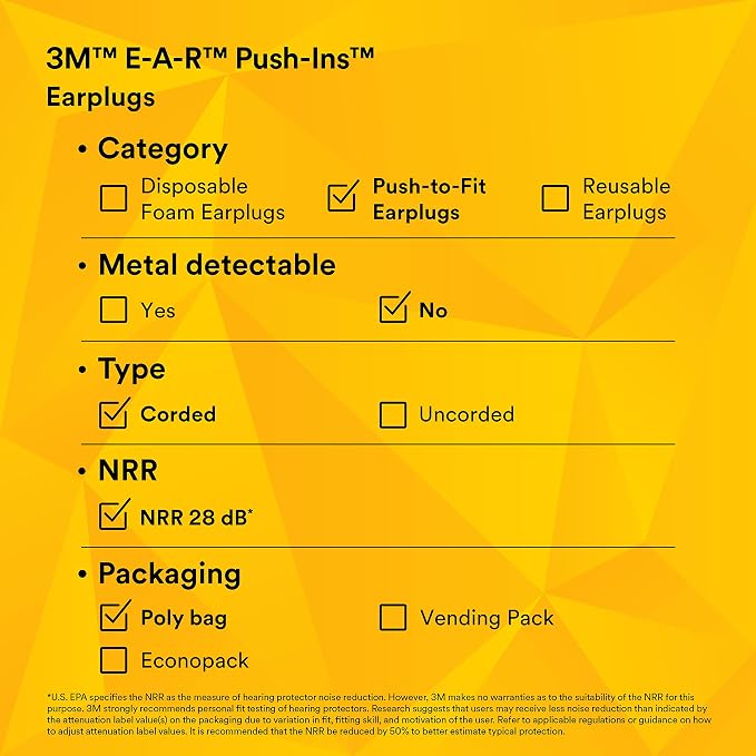 3M E-A-R Push-Ins Earplugs 318-1001, Corded, Poly Bag 100-Pair