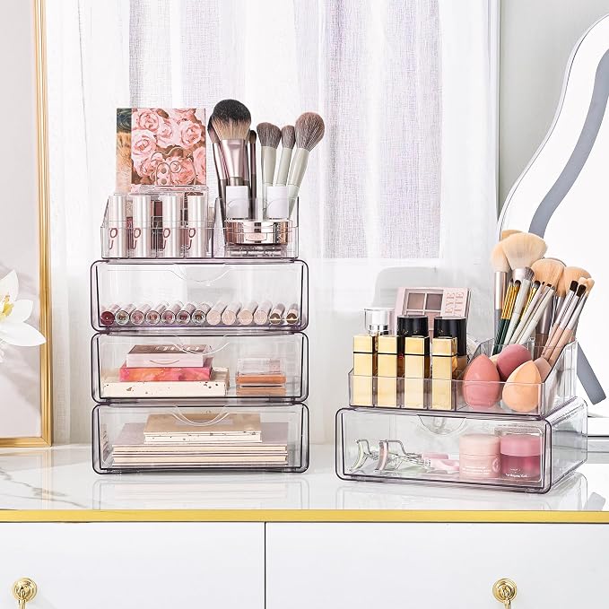 Vtopmart 3 Tier Clear Makeup Organizer with Drawer, Cosmetic Storage for Dresser Countertop and Bathroom Vanity, Beauty Holder for Lipstick Brush Skincare