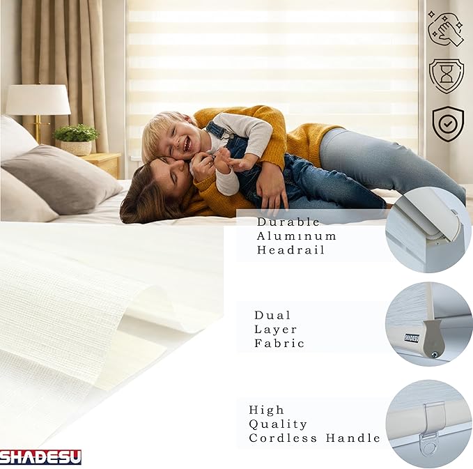 ShadesU Cordless Zebra Blinds – Light Filtering Dual-Layer Window Shades for Privacy (Ivory Color) (Maximum Height 72") (Width 54")