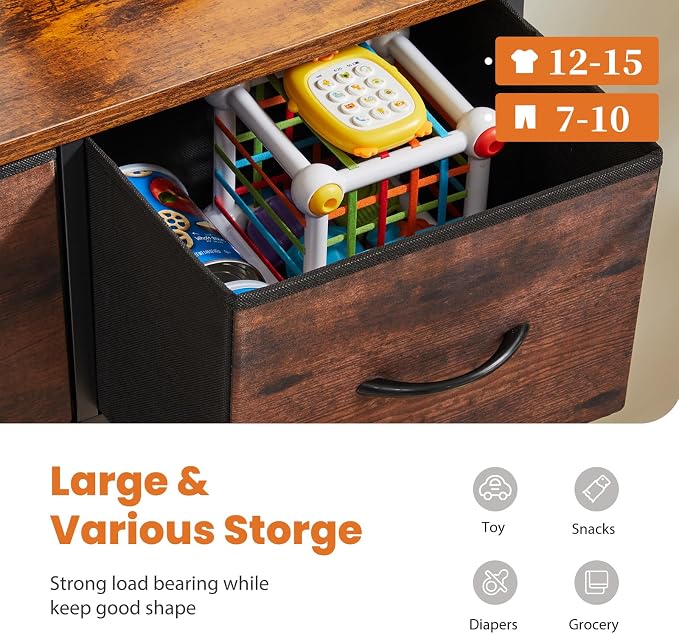 Sweetcrispy Dresser for Bedroom with 9 Drawers, Large Fabric Dresser | Storage Tower Organizer, Chest of Drawers with Metal Frame Wooden Top for Closet, Living Room, Entryway, Brown