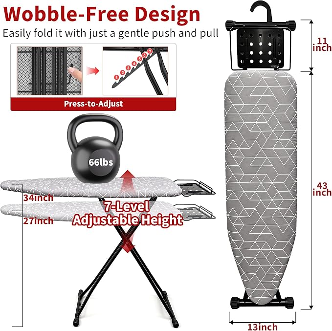 Ironing Board, 43"×13" with Iron Rest, 4 Layer & 7 Adjustable Height Sturdy | Iron Board with Bulit-in Hook and Hanger Bar, Heat Resistant Cover and Pad for Home Dorm Apartment Laundry Room, Gray