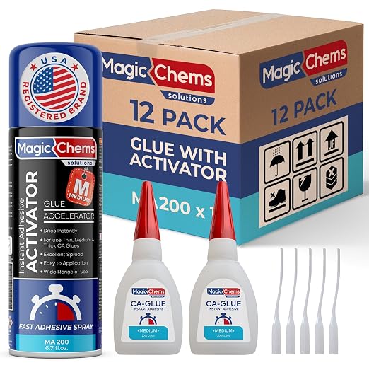 Magic Chems CA Glue with Activator Kit (24 x 0.8 oz Glue + 12 x 6.7 fl oz Activator), Cyanoacrylate Adhesive for 3D Printing & Acrylic, Strong Bond Super Glue Accelerator Set (12 Pack)