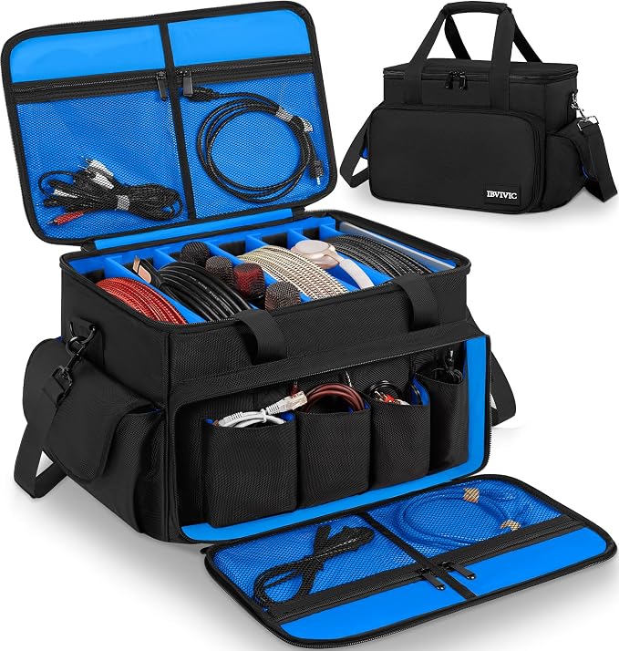 IBVIVIC Cable File Bag With Adjustable Dividers Dj Gig Bag for Cables, Cords,DJ Gear,Sound Instrument and Accessories 16L x 11W x 12H inch, Blue