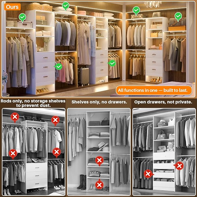 Armocity 96" Wood Closet System with 3 Enclosed Drawers & 3 Solid Shelves, 8FT Adjustable Closet Organizers and Storage, Heavy Duty Modular Wardrobe for Reach-In & Walk-In, 1000 LBS Load, White
