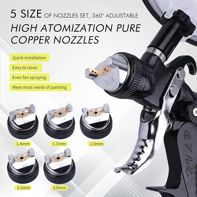 HVLP Spray Gun with 10Pcs 600ML Disposable Paint Cups, 5 Nozzles,1.4/1.7/2.0/2.5/3.0mm, Automotive Gravity Feed Paint Spray Gun Kit with Air Compressor Regulator for Auto (Black)