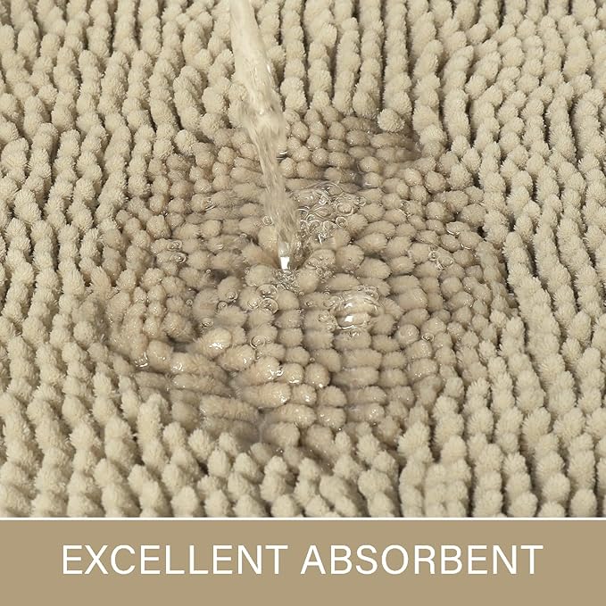 LOCHAS Luxury Bathroom Rug Shaggy Bath Mat 24 x 44 Inch, Beige | Washable Non Slip Bath Rugs for Bathroom Shower, Soft Plush Chenille Absorbent Carpets