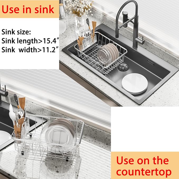 NiuYichee Stainless Steel Dish Drying Rack (15" L X 11" W X 4.1" H), Expandable Fruit & Vegetable Drain Rack Over Sink, Dish Drainer Rack in Sink, with Utensil Holder & Silicone Mat (16")