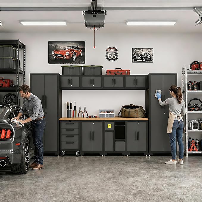 Torin Garage Storage Cabinets System, 12-Pcs Workshop Cabinet Set in Black | Trash Can Cabinet and Steel Cabinets Drawers Rolling Chest, Locked Storage Cabinet, Perfect for Organizing Garage and Tools