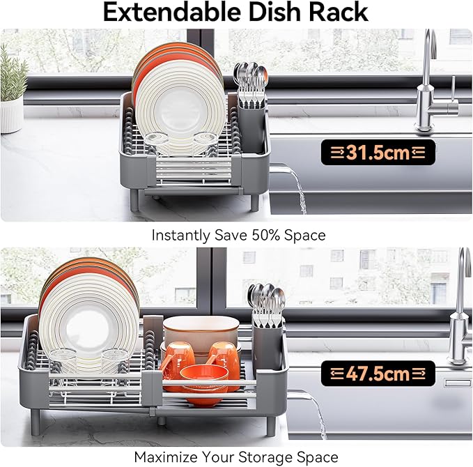 Urackify Stainless Steel Dish Drying Rack - Dish Drainer for Kitchen Counter, Extendable Drainboard with Foldable, Space-Saving Cup & Bowl Organizer, Includes Knife and Utensil Holder, Gray