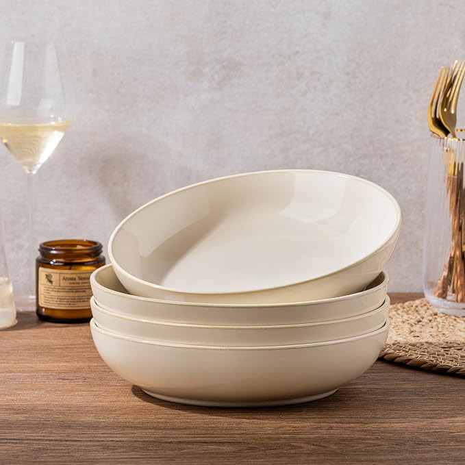 AmorArc 8.5'' Large Ceramic Pasta Bowls, 36oz Stoneware Pasta Serving Bowls Set of 4 for Kitchen, Wide Bowls for Pasta,Salad,OatmeaL,Microwave Safe, Reactive Glaze-Vanilla