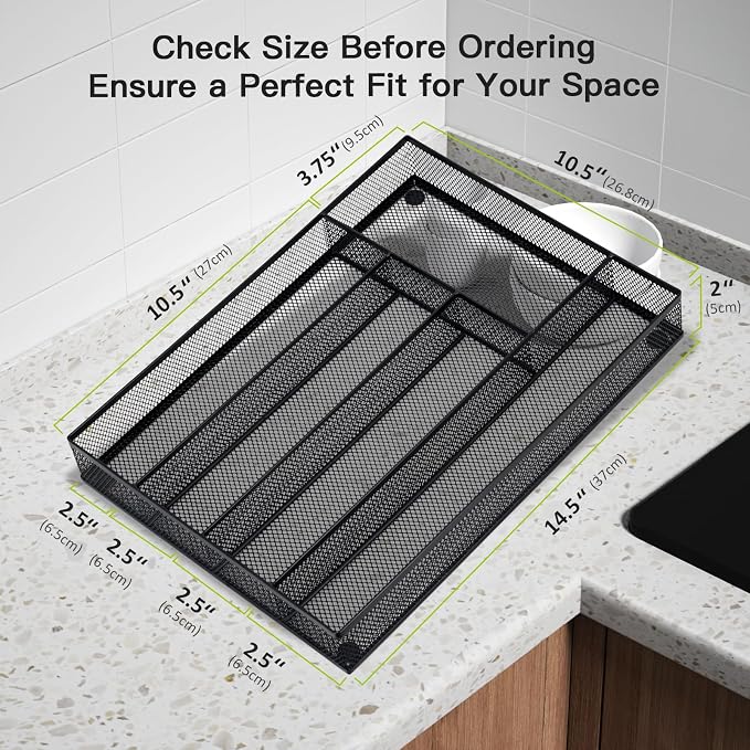 Neudeco Silverware Drawer Organizer, Black | 5 Compartment, Mesh Wire, Non-Slip Feet, Cutlery Tray