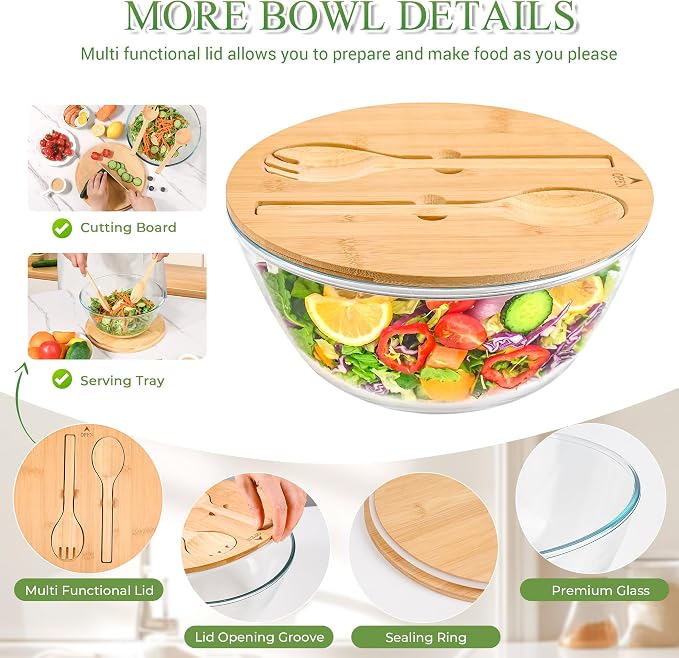 GEHE Glass Salad Bowl with Sealing Lid, 10.6Inch Large Trifle Bowl Glass Fruit Bowl, 4.7 Quart Large Capacity Serving Bowls for Salad, Pasta, Fruit, Dessert Display Cake, Microwave Safe