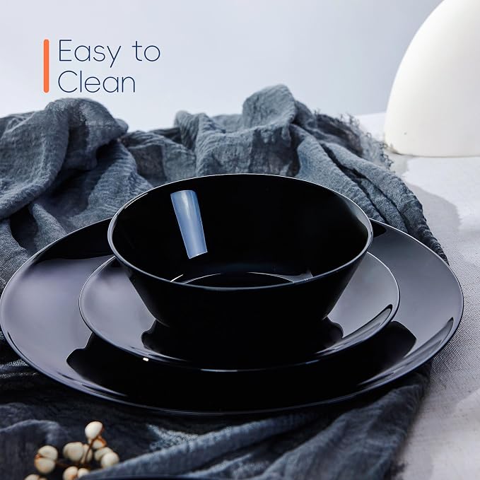Dinnerware Sets for 4, 12 Piece Black Opal Glass Dish Set | Plates and bowls with dishwasher and microwave safe features, chip and scratch resistant dishware for everyday use