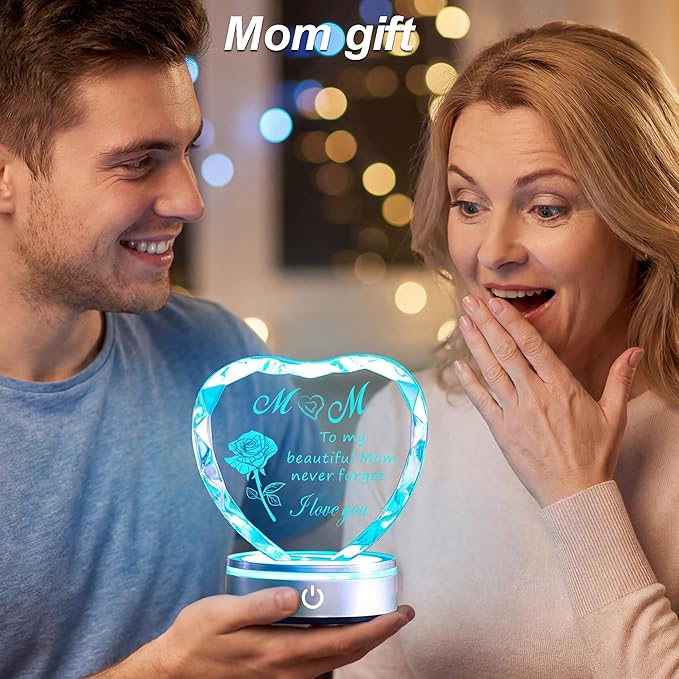 Heart Shaped Crystal Plaque for Mom, Laser Engraved Gift with Color Changing LED Light Base, Mothers Day Birthday Christmas Gift from Daughter Son