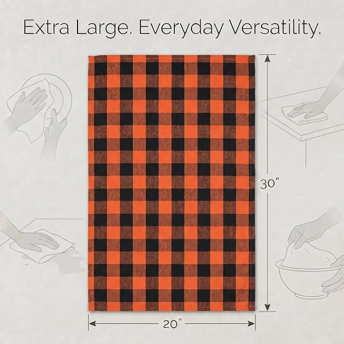Urban Villa Halloween Kitchen Towels Set of 6 Dish Towels Size 20''x30'' Buffalo Checks Orange/Black 100% Cotton Highly Absorbent Quick Drying Dish Cloths & Dish Towels with Hanging Loop Tea Towels