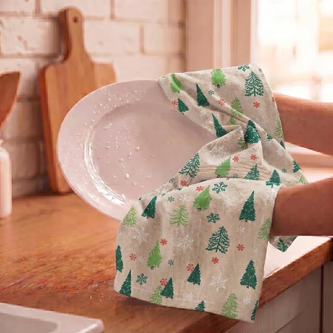 Urban Villa Kitchen Towels Christmas Green Trees Print Premium Quality,100% Cotton Dish Towels Mitered Corners Ultra Soft (Size: 20X30 Inch) Highly Absorbent Bar Towels & Tea Towels - (Set of 6)