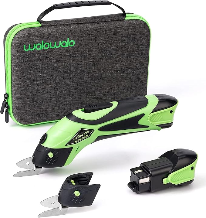 walowalo Electric Fabric Scissors Box Cutter 2 Rechargeable Batteries 2 PCS Blades for Crafts Sewing Cardboard Scrapbooking Leather 4V Li-Ion Power Cordless Shears Cutting (Fast Charge) + Tool Kit
