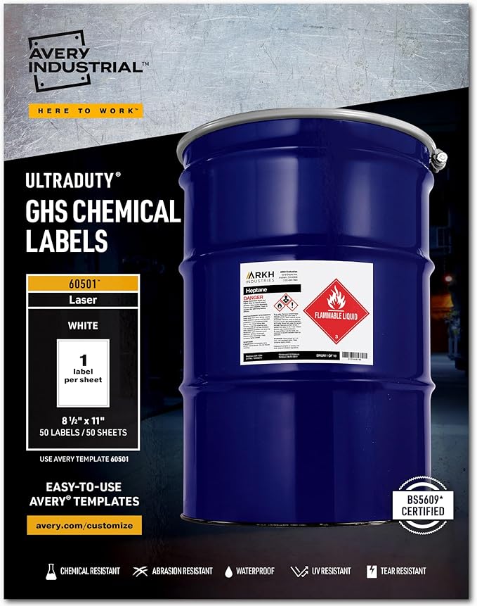 Avery UltraDuty GHS Chemical Labels for Laser Printers, Waterproof, UV Resistant, 8.5 x 11, 50 Pack (60501)