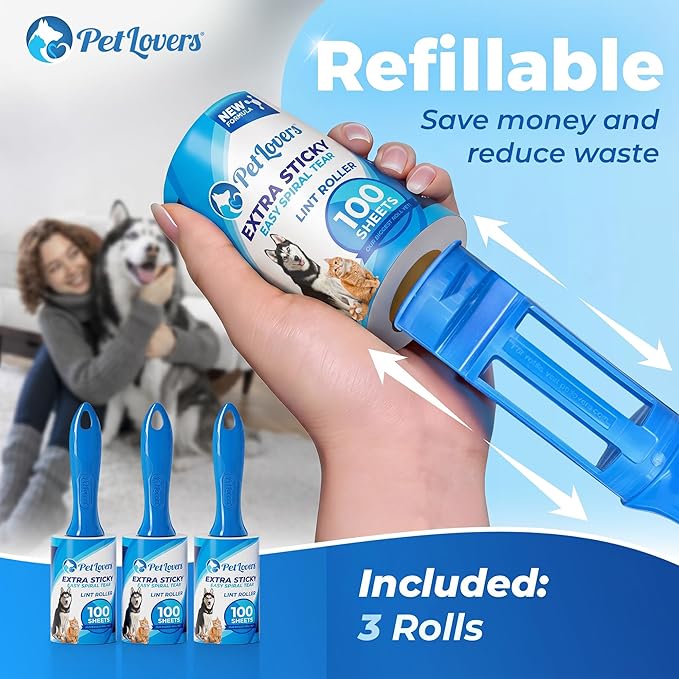 PetLovers Extra Sticky Lint Roller Value Set 300 Sheets for Pet Hair Removal, Dog and Cat Lint Remover 3 Pack