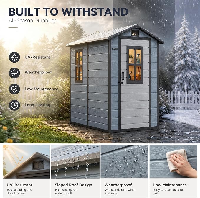 DWVO Outdoor Storage Shed 4.4×6FT, Plastic Garden Resin Shed with 2 Windows, Reinforced Floor, Door Handle, Door Lock & Vents, Outdoor Tool Shed for Backyard Patio, Stores Bike Garden Tools, Blue-Gray