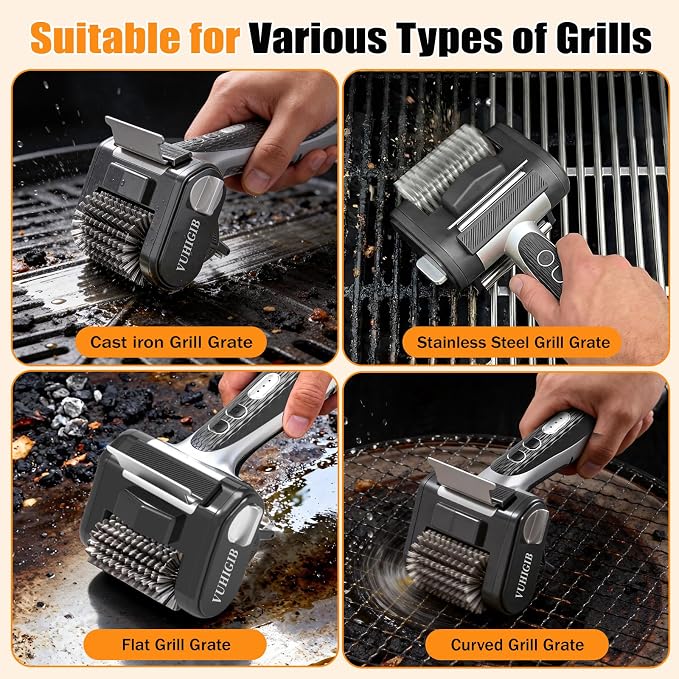 Electric Grill Brush, BBQ Grill Cleaner for Outdoor Grill with LED Light Removable 304 Stainless Steel Brush Head Cordless Grill Cleaning Brush 150 Mins Runtime No Bristle Shedding for Barbecue Grates