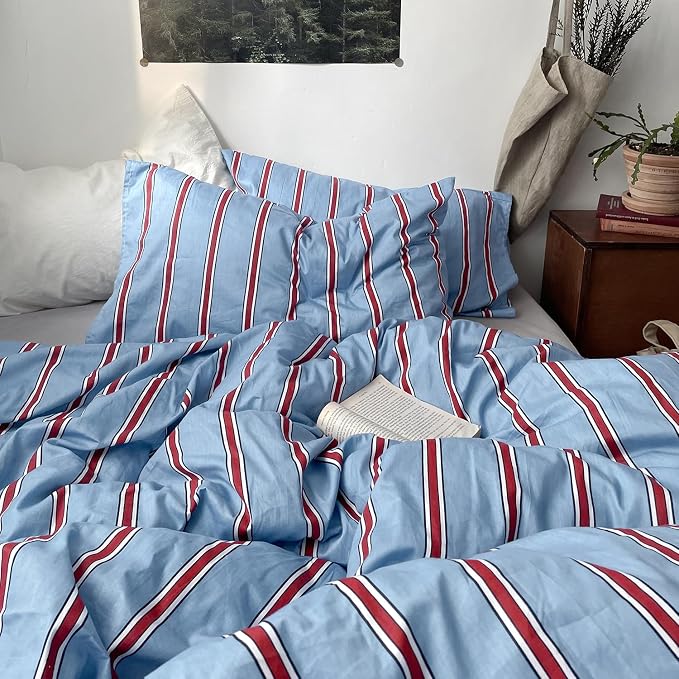 mixinni Vintage Striped Blue Duvet Cover Queen - 100% Cotton Red Stripes 3-Piece Bedding Duvet Cover Set with Zipper Closure, Soft & Breathable Retro Design for All Seasons (Queen Size)