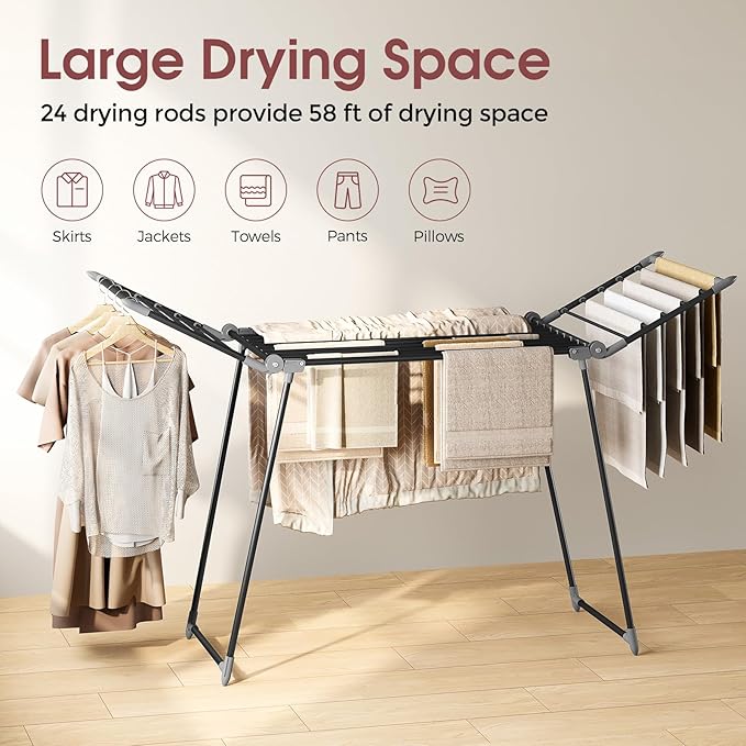 APEXCHASER Clothes Drying Rack Foldable, Large Drying Rack Clothing, Winged Laundry Rack Folding Indoor Outdoor, Metal Clothes Airer for Bedding Towel Sweater Heavy Duty, 68.9" X 22" X 41.3", Black