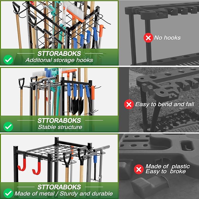 Sttoraboks Garden Tool Organizer Rack Up to 50 Tools, Heavy-Duty Steel Yard Tool Organizer for Garage Storage with 11 Hooks, Broom Holder & Garden Tool Rack for Shed, Patio, Outdoor Use, Black